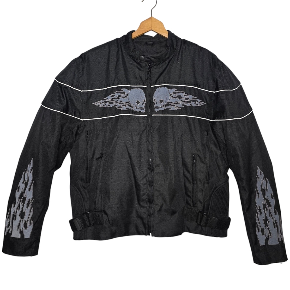 Motorcycle Jacket Durable Nylon Removable Liner, Reflective Skulls Men's Large